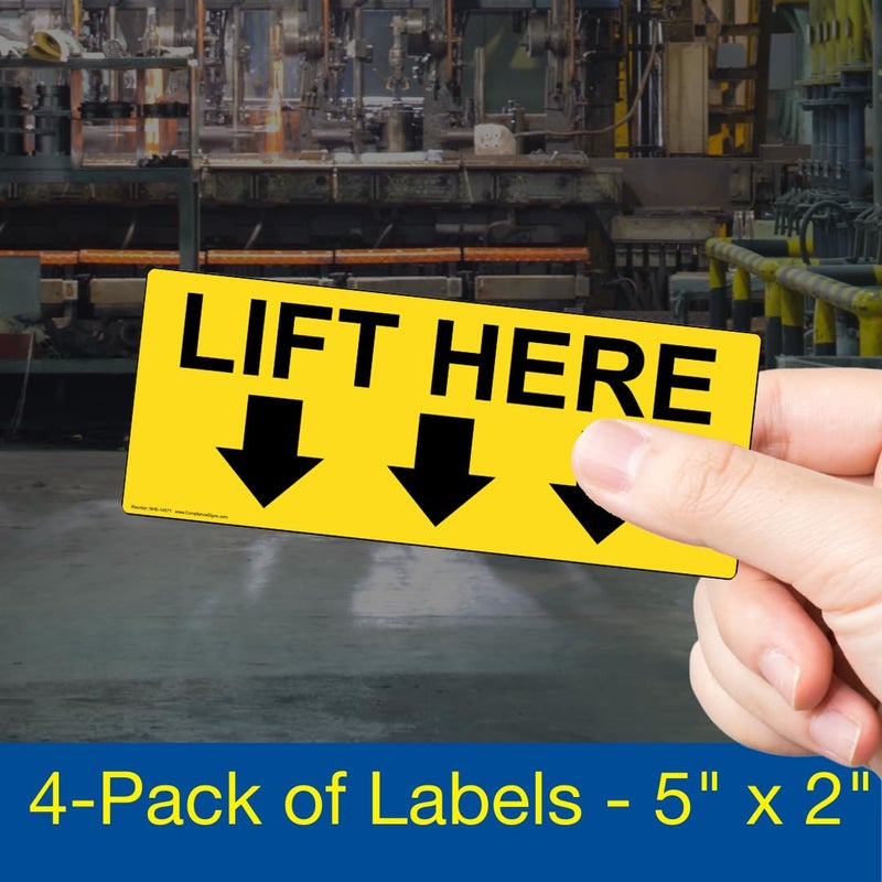 ComplianceSigns.com Lift Here (With Down Arrows) Label Decal, 5x2 in. 4-Pack Vinyl for Industrial Notices - Image 2